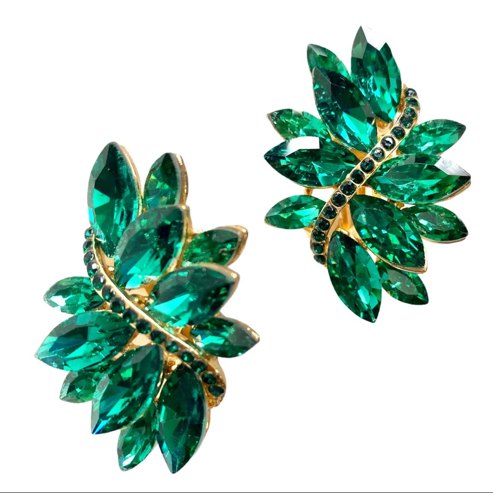 Emerald Gold Rhinestone Clip on Earrings